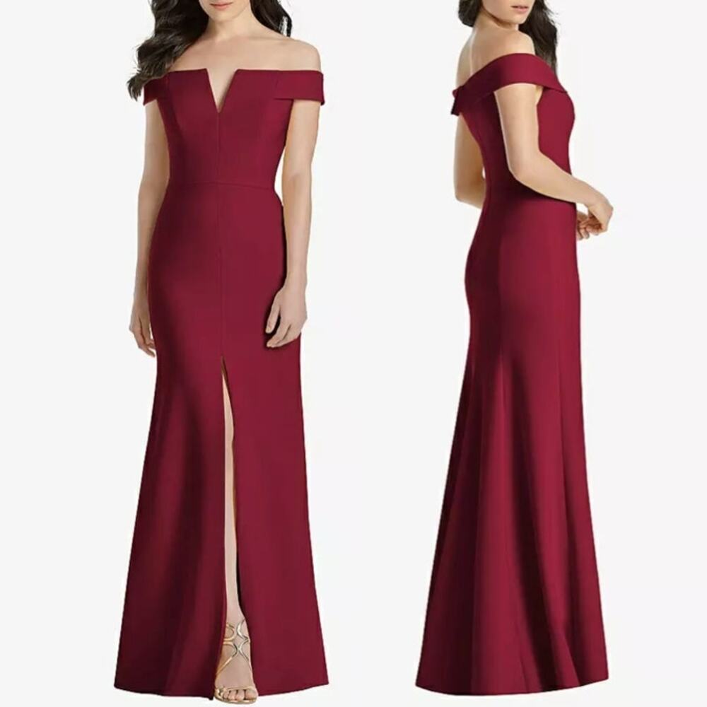 NWT Dessy Collection Off The Shoulder Notch Trumpet Gown in Burgundy 3038